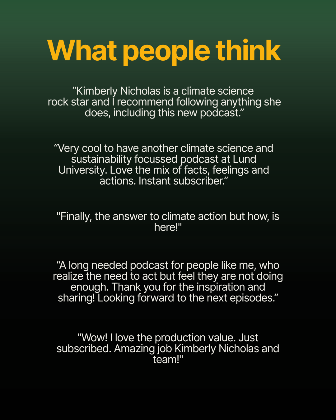 Listener quotes on dark green background